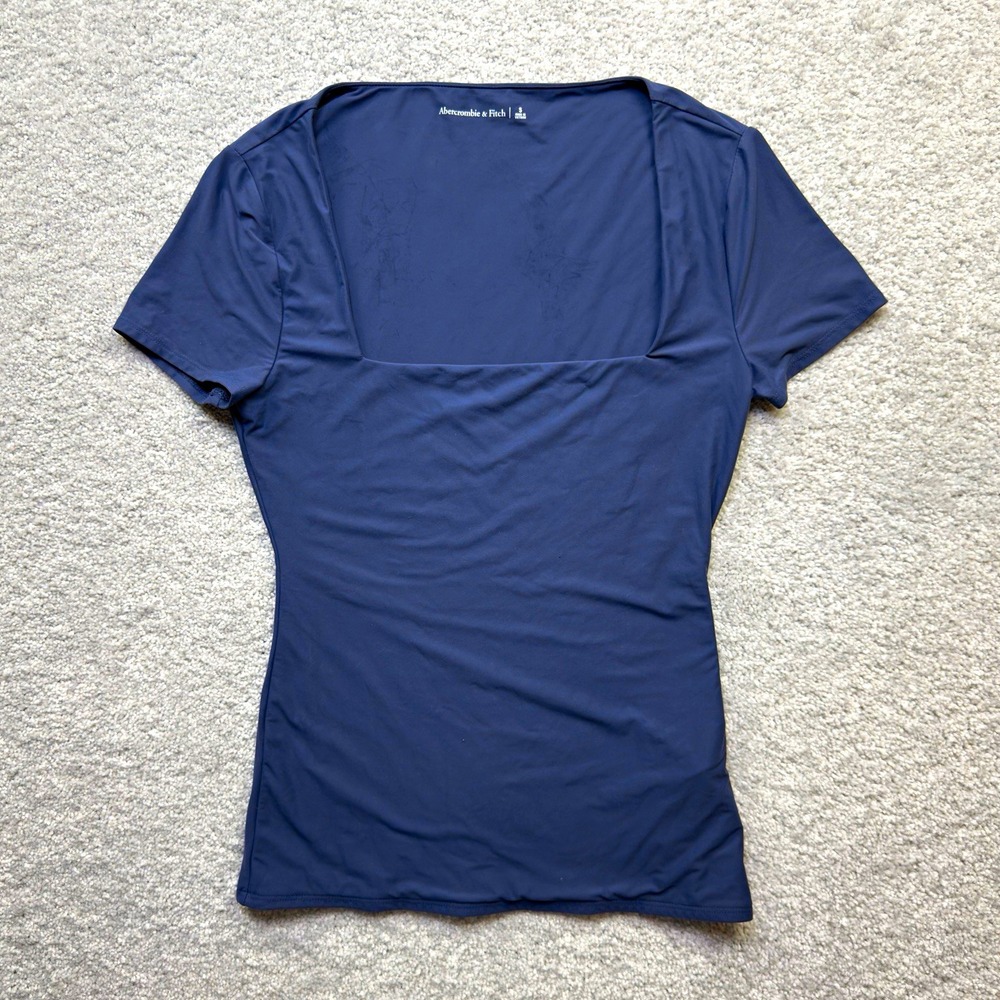 Abercrombie Fitch Womens S Square Neck Top Navy Blue Short Sleeve Stretch Lined